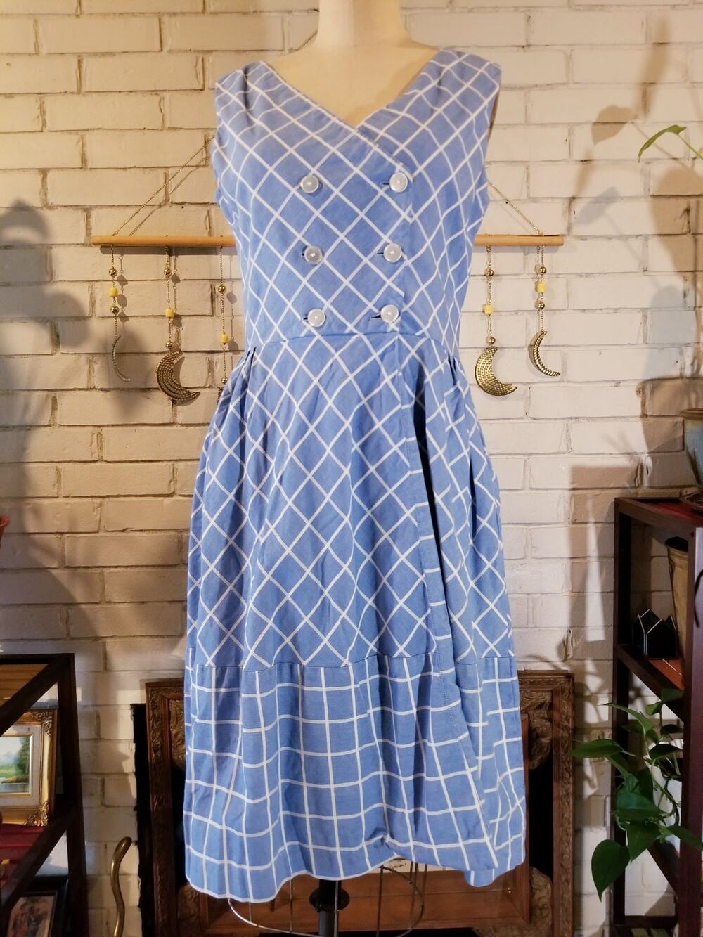 Vintage 1950s Blue White Lattice Grid Double Breasted Cotton Sundress Small